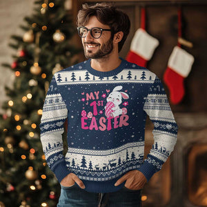Baby First Easter Ugly Christmas Sweater Cute Newborn Gift Bunny Rabbit TS10 Navy Beige Print Your Wear