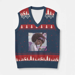 Disgusted Black Doll Meme V-Neck Knit Sweater Vest Funny Sassy Reaction Afro Girl With Attitude TS10 Navy Red Print Your Wear