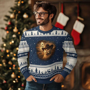 Funny Cowboy Cat UFO Ugly Christmas Sweater Retro Western Rodeo Meme Cats Lover Gift TS10 Navy Beige Print Your Wear