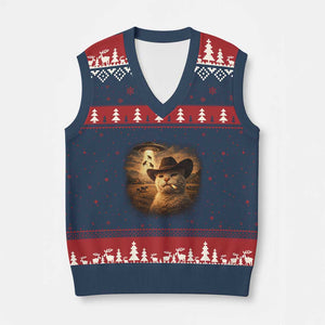 Funny Cowboy Cat UFO V-Neck Knit Sweater Vest Retro Western Rodeo Meme Cats Lover Gift TS10 Navy Red Print Your Wear