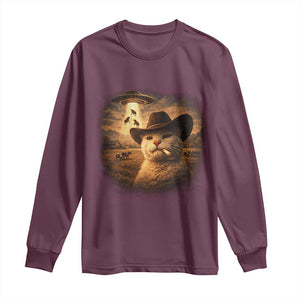 Funny Cowboy Cat UFO Long Sleeve Shirt Retro Western Rodeo Meme Cats Lover Gift TS10 Maroon Print Your Wear