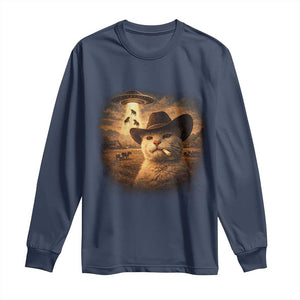 Funny Cowboy Cat UFO Long Sleeve Shirt Retro Western Rodeo Meme Cats Lover Gift TS10 Navy Print Your Wear