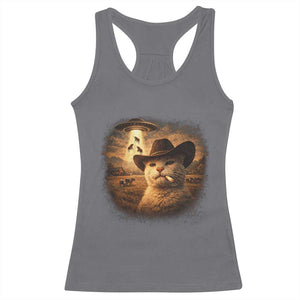 Funny Cowboy Cat UFO Racerback Tank Top Retro Western Rodeo Meme Cats Lover Gift TS10 Charcoal Print Your Wear