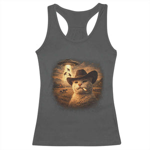 Funny Cowboy Cat UFO Racerback Tank Top Retro Western Rodeo Meme Cats Lover Gift TS10 Dark Heather Print Your Wear