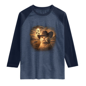 Funny Cowboy Cat UFO Raglan Shirt Retro Western Rodeo Meme Cats Lover Gift TS10 Heather Denim Navy Print Your Wear