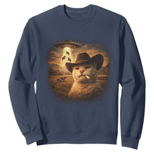 Funny Cowboy Cat UFO Sweatshirt Retro Western Rodeo Meme Cats Lover Gift TS10 Navy Print Your Wear