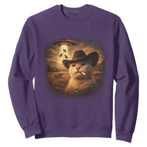 Funny Cowboy Cat UFO Sweatshirt Retro Western Rodeo Meme Cats Lover Gift TS10 Purple Print Your Wear