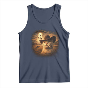 Funny Cowboy Cat UFO Tank Top Retro Western Rodeo Meme Cats Lover Gift TS10 Navy Print Your Wear