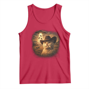 Funny Cowboy Cat UFO Tank Top Retro Western Rodeo Meme Cats Lover Gift TS10 Red Print Your Wear