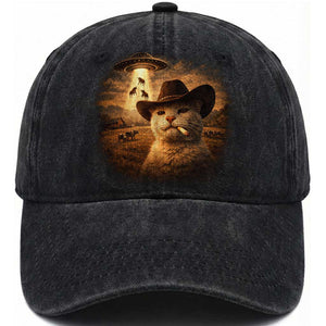 Funny Cowboy Cat UFO Washed Cotton Baseball Cap Retro Western Rodeo Meme Cats Lover Gift TS10 Print Your Wear