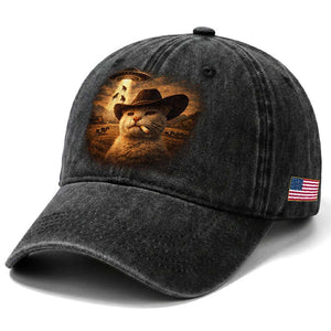 Funny Cowboy Cat UFO Washed Cotton Baseball Cap Retro Western Rodeo Meme Cats Lover Gift TS10 Print Your Wear