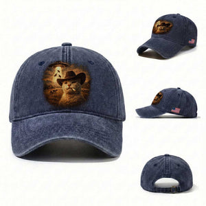 Funny Cowboy Cat UFO Washed Cotton Baseball Cap Retro Western Rodeo Meme Cats Lover Gift TS10 Washed Cap Universal Fit Navy Print Your Wear