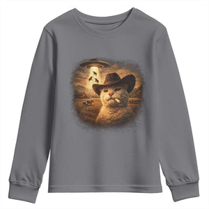 Funny Cowboy Cat UFO Youth Sweatshirt Retro Western Rodeo Meme Cats Lover Gift TS10 Charcoal Print Your Wear
