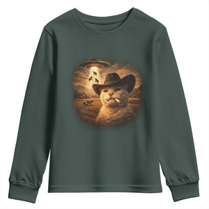 Funny Cowboy Cat UFO Youth Sweatshirt Retro Western Rodeo Meme Cats Lover Gift TS10 Dark Forest Green Print Your Wear