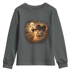 Funny Cowboy Cat UFO Youth Sweatshirt Retro Western Rodeo Meme Cats Lover Gift TS10 Dark Heather Print Your Wear