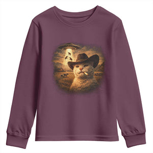 Funny Cowboy Cat UFO Youth Sweatshirt Retro Western Rodeo Meme Cats Lover Gift TS10 Maroon Print Your Wear
