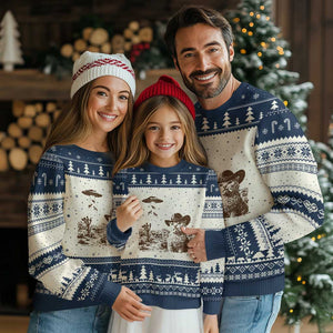 UFO Cowboy Cat Ugly Christmas Sweater Vintage Graphic Retro Western Rodeo TS10 Beige Navy Print Your Wear