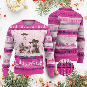 UFO Cowboy Cat Ugly Christmas Sweater Vintage Graphic Retro Western Rodeo TS10 Hot Pink Print Your Wear