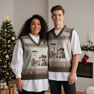 UFO Cowboy Cat V-Neck Knit Sweater Vest Vintage Graphic Retro Western Rodeo TS10 Mocha Mousse Print Your Wear