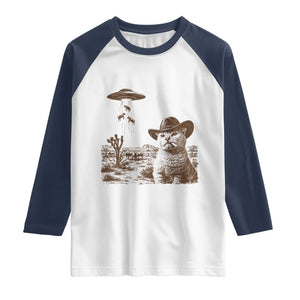UFO Cowboy Cat Raglan Shirt Vintage Graphic Retro Western Rodeo TS10 White Navy Print Your Wear