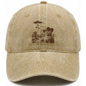 UFO Cowboy Cat Washed Cotton Baseball Cap Vintage Graphic Retro Western Rodeo TS10 Print Your Wear