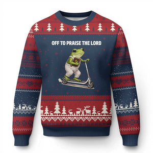 Funny Christian Frog Ugly Christmas Sweater Off To Praise The Lord TS10 Navy Red Print Your Wear