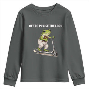 Funny Christian Frog Youth Sweatshirt Off To Praise The Lord TS10 Dark Heather Print Your Wear