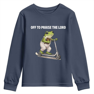 Funny Christian Frog Youth Sweatshirt Off To Praise The Lord TS10 Navy Print Your Wear