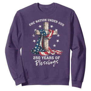 250th Anniversary USA Sweatshirt One Nation Under God US 250 Flag Cross 4th Of July TS10 Purple Print Your Wear
