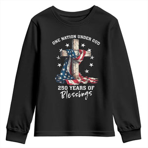 250th Anniversary USA Youth Sweatshirt One Nation Under God US 250 Flag Cross 4th Of July TS10 Black Print Your Wear