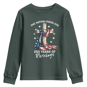 250th Anniversary USA Youth Sweatshirt One Nation Under God US 250 Flag Cross 4th Of July TS10 Dark Forest Green Print Your Wear