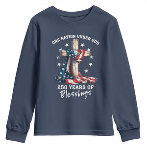 250th Anniversary USA Youth Sweatshirt One Nation Under God US 250 Flag Cross 4th Of July TS10 Navy Print Your Wear