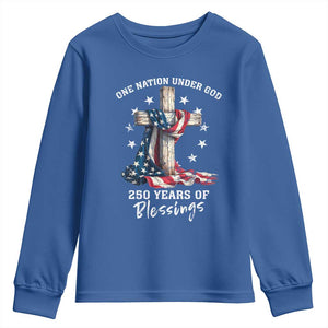 250th Anniversary USA Youth Sweatshirt One Nation Under God US 250 Flag Cross 4th Of July TS10 Royal Blue Print Your Wear