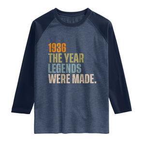 90th Birthday Gift For Men Raglan Shirt Vintage 1936 90 Years Old Birthday TS10 Heather Denim Navy Print Your Wear