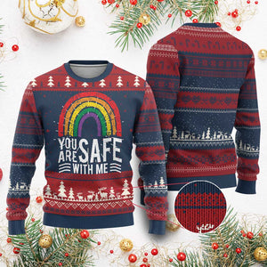 You Are Safe With Me Knit Sweatshirt Retro Rainbow LGBTQ Ally Pride TS10 Burgundy Print Your Wear