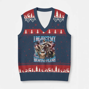 Funny LGBT Trans Pride V-Neck Knit Sweater Vest I Reject My Mortal Flesh Transgender Racoon Bootleg TS10 Navy Red Print Your Wear