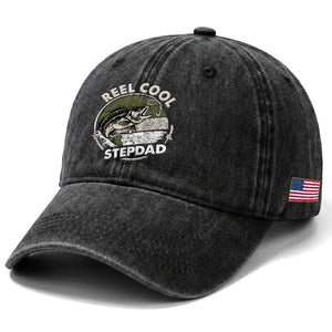 Reel Cool Stepdad Washed Cotton Baseball Cap Fathers Day Gift for Fisherman Bonus Dad