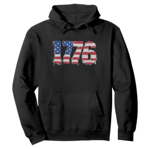 Distressed Faux Patchwork 1776 USA Flag Hoodie Vintage Effect Printing Patriotic Graphic 4th Of July Independence Day