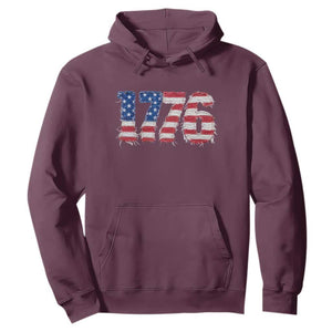 Distressed Faux Patchwork 1776 USA Flag Hoodie Vintage Effect Printing Patriotic Graphic 4th Of July Independence Day