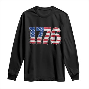 Distressed Faux Patchwork 1776 USA Flag Long Sleeve Shirt Vintage Effect Printing Patriotic Graphic 4th Of July Independence Day