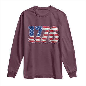 Distressed Faux Patchwork 1776 USA Flag Long Sleeve Shirt Vintage Effect Printing Patriotic Graphic 4th Of July Independence Day