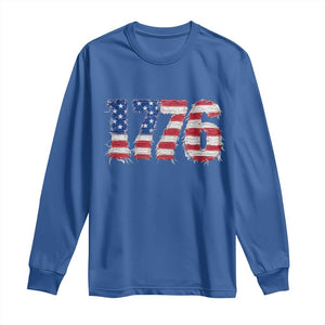 Distressed Faux Patchwork 1776 USA Flag Long Sleeve Shirt Vintage Effect Printing Patriotic Graphic 4th Of July Independence Day