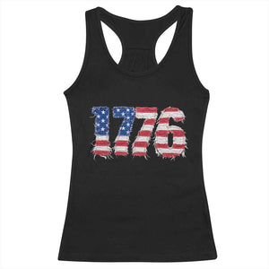 Distressed Faux Patchwork 1776 USA Flag Racerback Tank Top Vintage Effect Printing Patriotic Graphic 4th Of July Independence Day