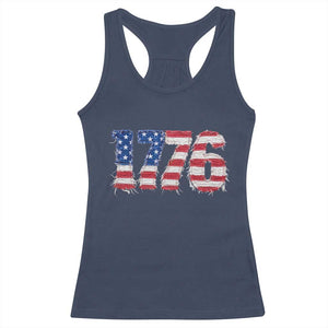 Distressed Faux Patchwork 1776 USA Flag Racerback Tank Top Vintage Effect Printing Patriotic Graphic 4th Of July Independence Day