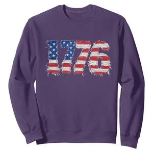 Distressed Faux Patchwork 1776 USA Flag Sweatshirt Vintage Effect Printing Patriotic Graphic 4th Of July Independence Day