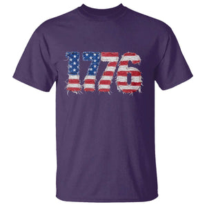 Distressed Faux Patchwork 1776 USA Flag T Shirt Vintage Effect Printing Patriotic Graphic 4th Of July Independence Day