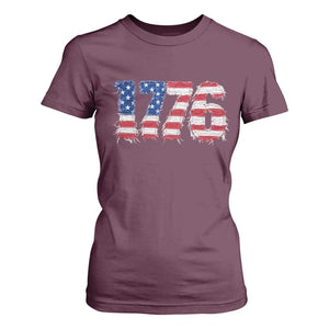 Distressed Faux Patchwork 1776 USA Flag T Shirt For Women Vintage Effect Printing Patriotic Graphic 4th Of July Independence Day