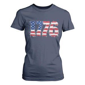 Distressed Faux Patchwork 1776 USA Flag T Shirt For Women Vintage Effect Printing Patriotic Graphic 4th Of July Independence Day