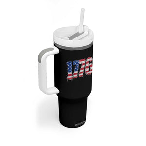Distressed Faux Patchwork 1776 USA Flag Tumbler With Handle Vintage Effect Printing Patriotic Graphic 4th Of July Independence Day