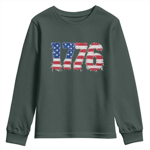 Distressed Faux Patchwork 1776 USA Flag Youth Sweatshirt Vintage Effect Printing Patriotic Graphic 4th Of July Independence Day